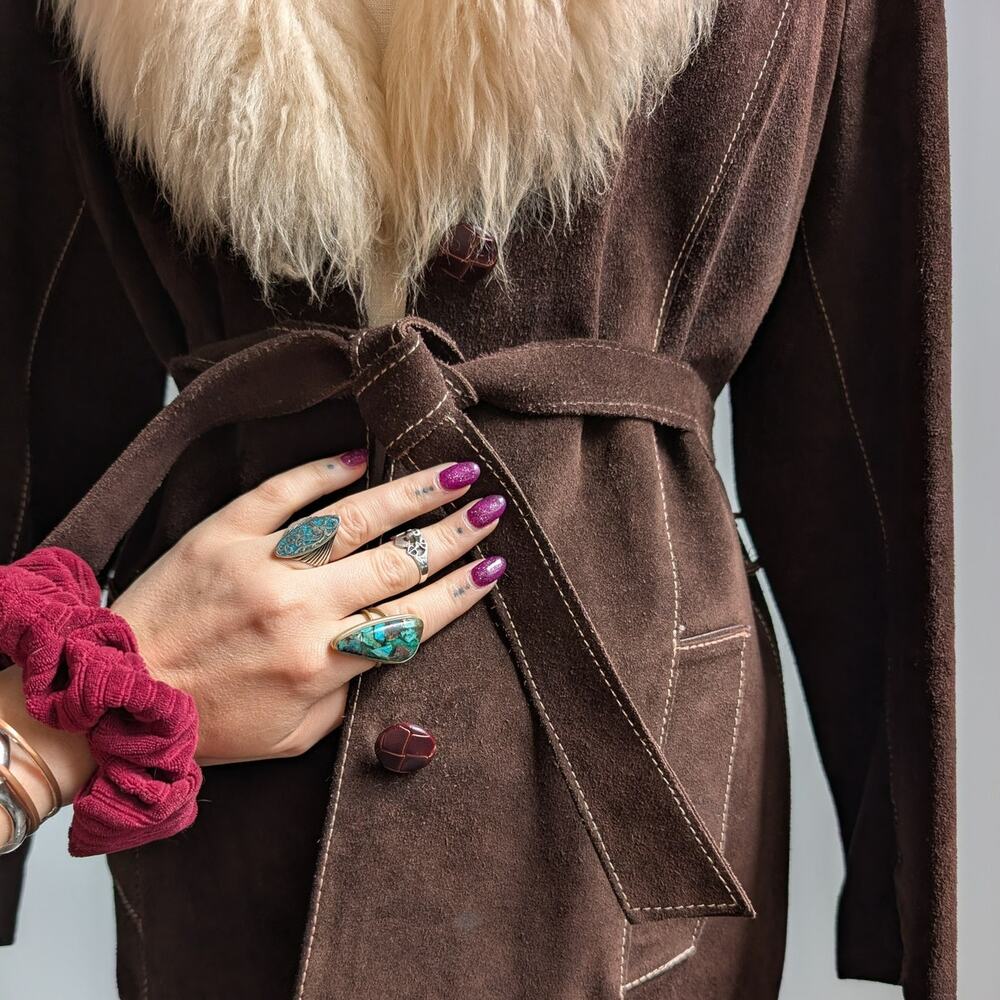 Vintage Brown Suede Penny Lane Jacket Belted Furry Leather Western Coat Medium - Picture 6 of 13